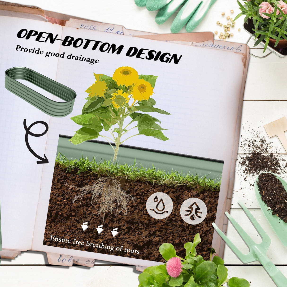 Galvanised Raised Garden Bed, Metal Planter Box with Safety Edging, Green