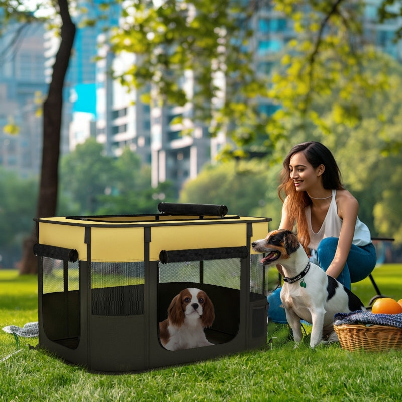 Foldable Dog Pen, Portable Pet Playpen with Ground Stakes - Yellow
