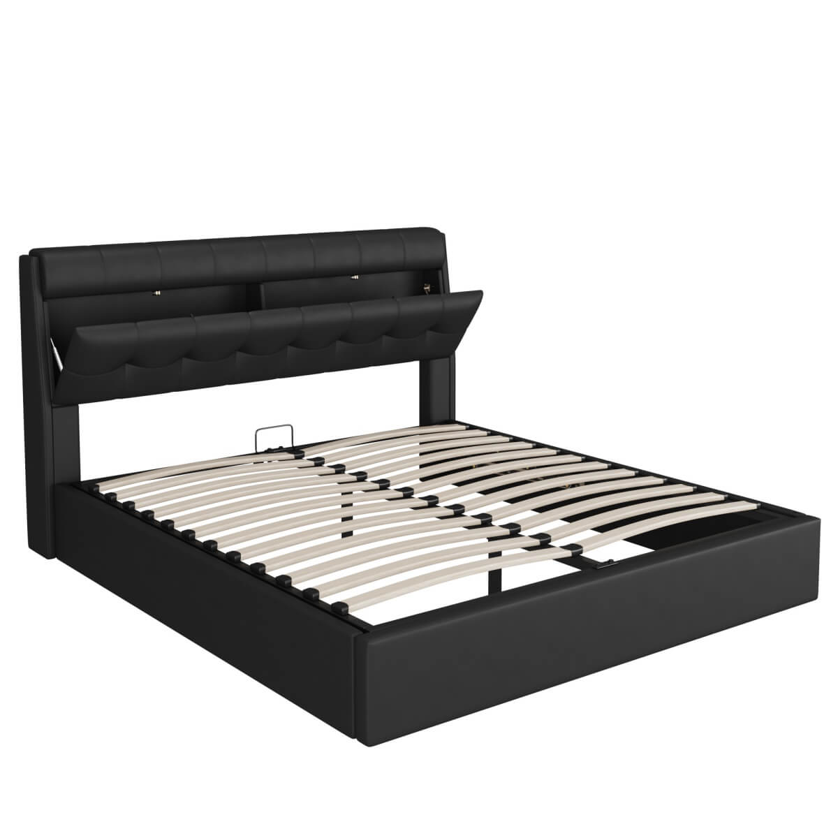 4ft6 Double Upholstered Bed – PU Hydraulic Bed with Concealed Headboard & Bed Box Storage