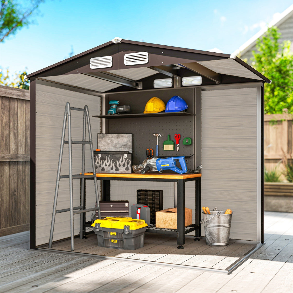 Garden Shed, 4 x 6ft Galvanised Steel with Lock and Gloves - Oak
