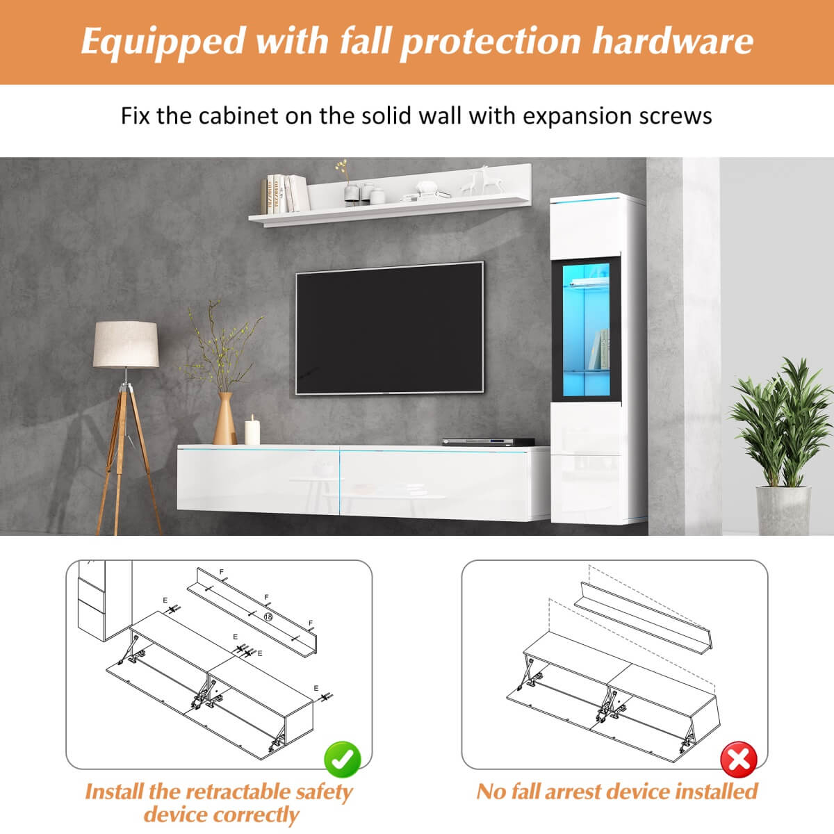 3-Piece White TV Wall Unit with LED Lights - High Gloss TV Stand, Display Cabinet and Wall Shelf for Living Room