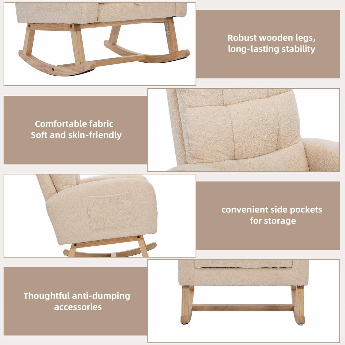 Beige Teddy Fabric Rocking Chair with Adjustable Footrest - High Back Lounge Armchair with Side Pockets
