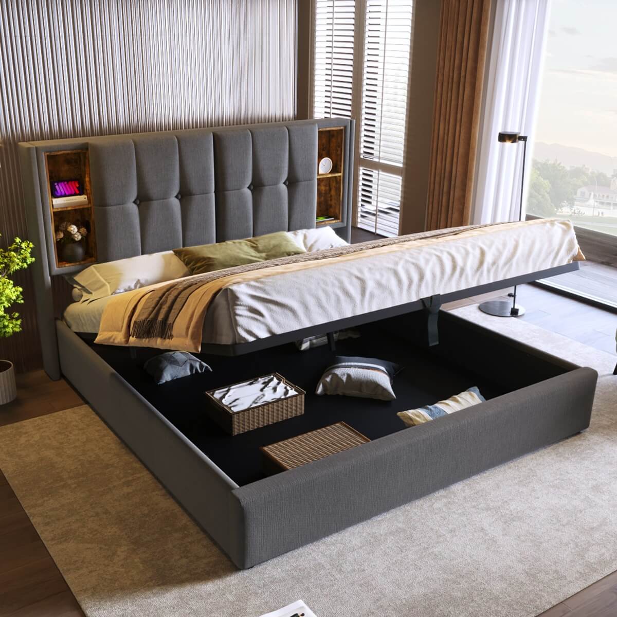 4ft6 Double Ottoman Bed Frame - Upholstered Storage Bed with Wireless Charging & USB C, Grey