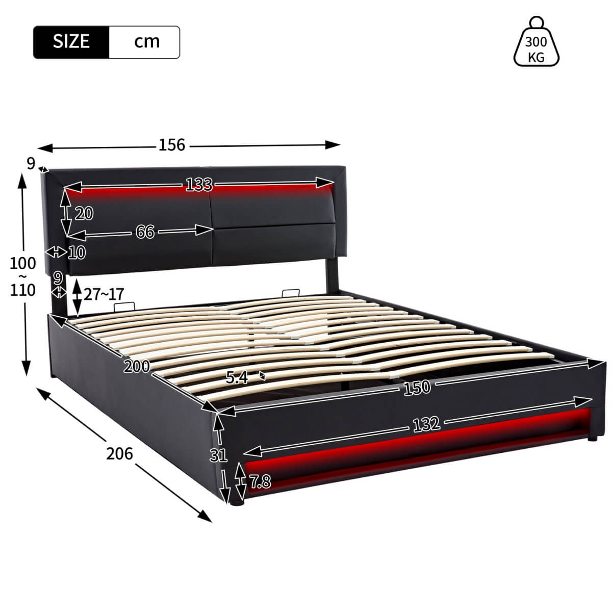 5ft King Size Upholstered LED Storage Bed - USB & Wireless Charging Bed Frame, Black