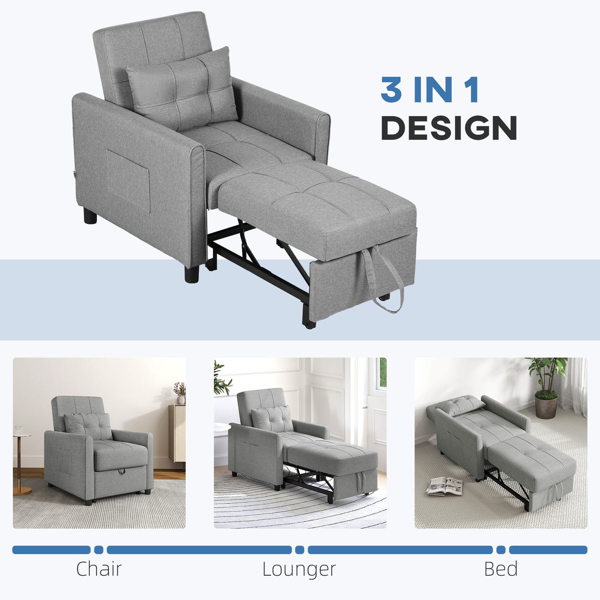 Linen-Look Single Chair Bed - Light Grey