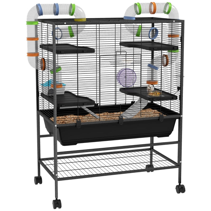 Large Hamster Cage, Gerbil Cage with Tubes, Shelf, Ramps, Platforms, Running Wheel - Black