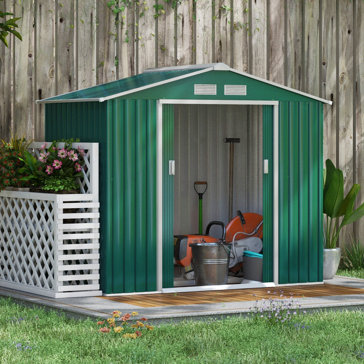 Metal Garden Shed 7 x 4ft, Outdoor Storage Tool House with Double Doors, Green