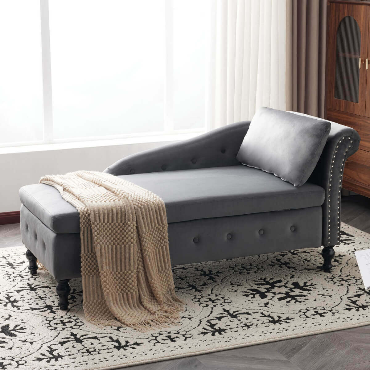 Velvet Chaise Lounge with Storage - Upholstered Right Hand Chaise Sofa, Button Tufted