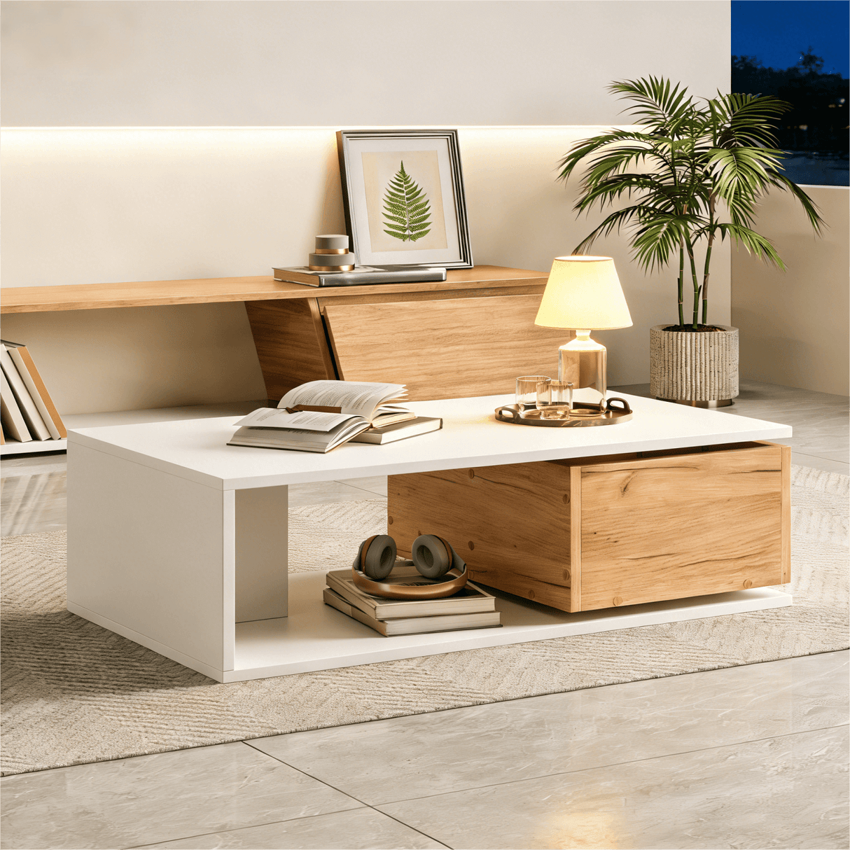 High Gloss Coffee Table with 360° Rotating Drawer – White & Wood Centre Table