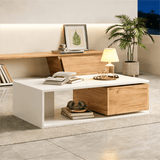 High Gloss Coffee Table with 360° Rotating Drawer – White & Wood Centre Table