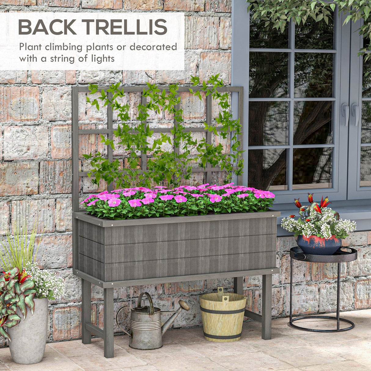 Wooden Garden Planter with Trellis, 45 x 105cm, Grey