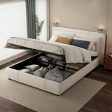 4ft6 Double Upholstered Storage Bed - Hydraulic Lift, Velvet Bed Frame with Removable Headboard, Beige