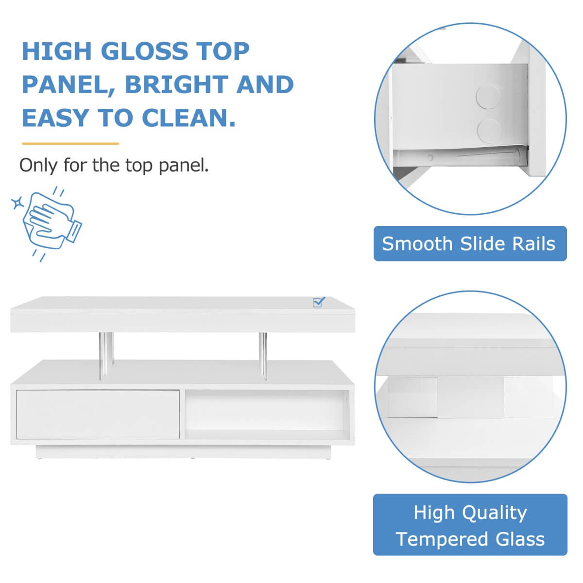 LED Coffee Table with Storage - High Gloss Centre Table with 2 Drawers, White