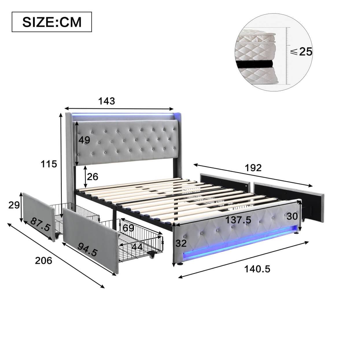 4ft6 Double Upholstered Storage Bed - Velvet Bed Frame with 4 Drawers, LED Light Strips & Charging Socket, Grey