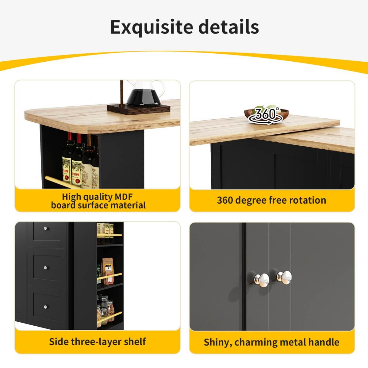 360° Rotating Kitchen Island - Extendable Bar Table with 3 Drawers, Snack Rack & Castors, Multifunctional Storage Cabinet, Black