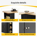 360° Rotating Kitchen Island - Extendable Bar Table with 3 Drawers, Snack Rack & Castors, Multifunctional Storage Cabinet, Black