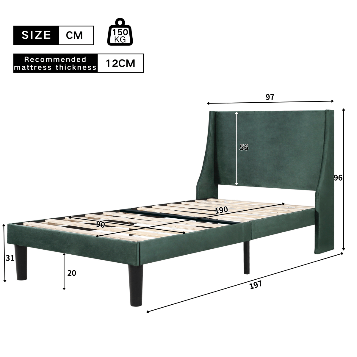 3FT Single Upholstered Velvet Bed - Winged Headboard with Slatted Base