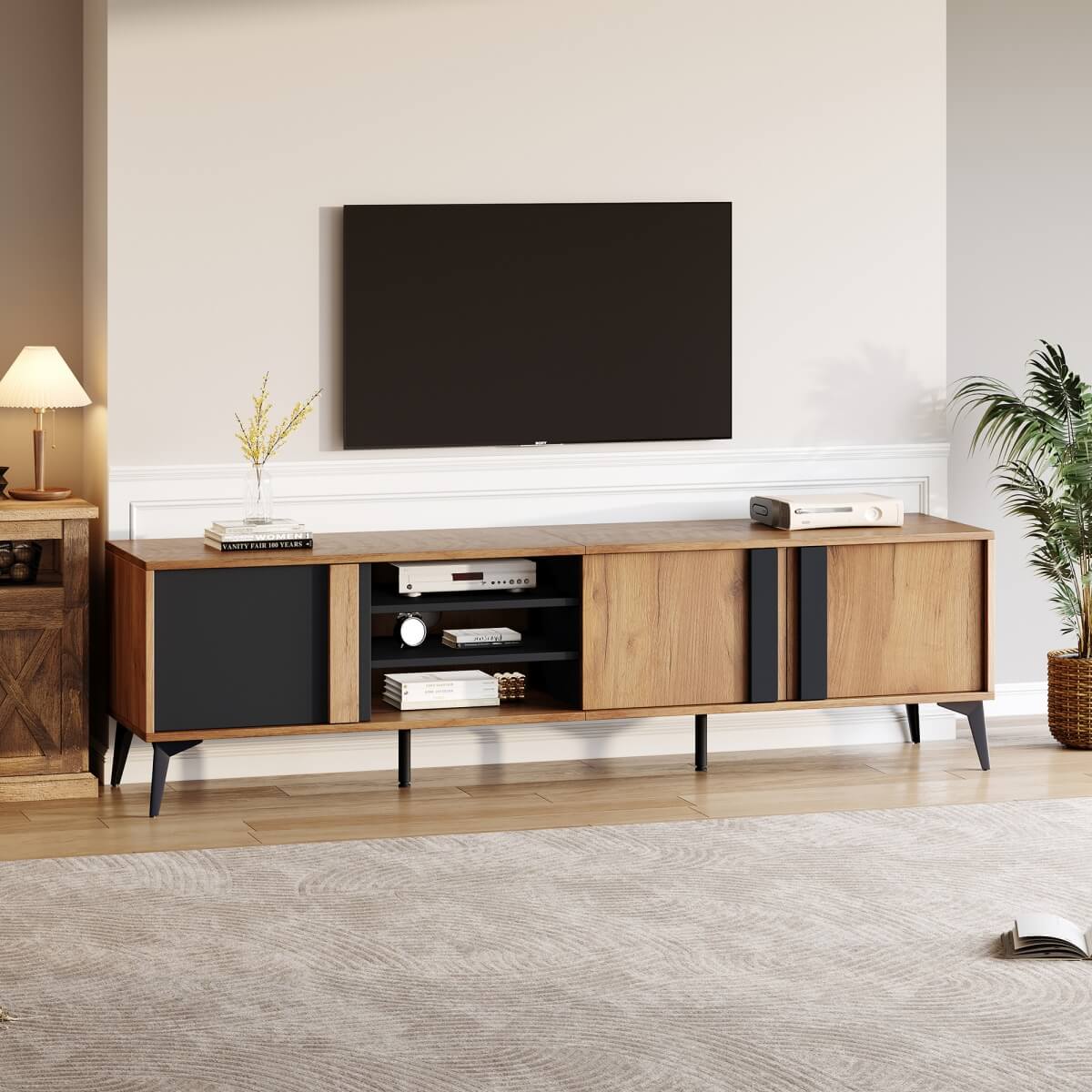 TV Unit for TVs up to 80 Inches - Industrial TV Stand with 3 Storage Cabinets, 3 Open Shelves and Steel Frame, Brown and Black