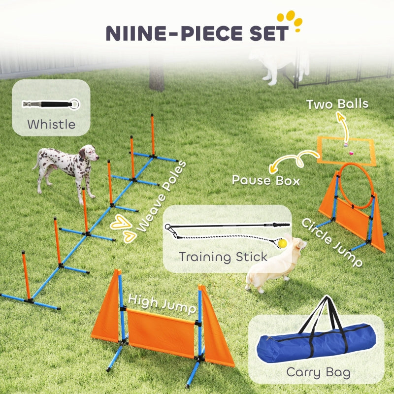 Dog Agility Equipment Set, Seven-Piece with Weave Poles, Jump Ring, Hurdle, Pause Box, Carry Bag, Orange