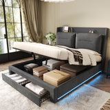 5ft King Size Upholstered Storage Bed – Velvet Hydraulic Bed with End Drawers & Recessed LED Light Strips