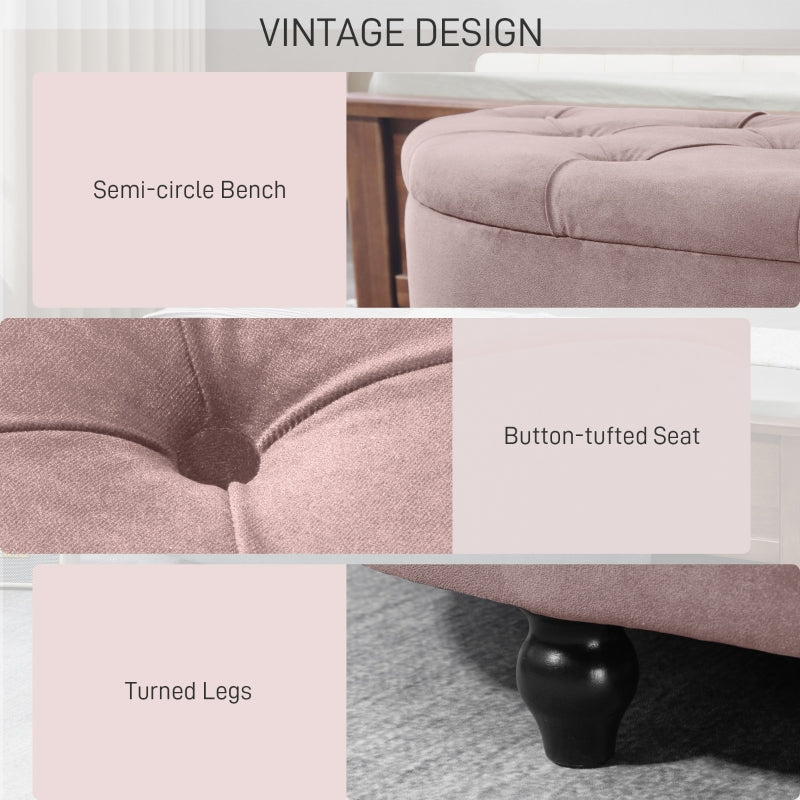 Semi-Circle Ottoman Storage Bench, Tufted Upholstered Footrest Stool, Rubberwood Legs, Pink