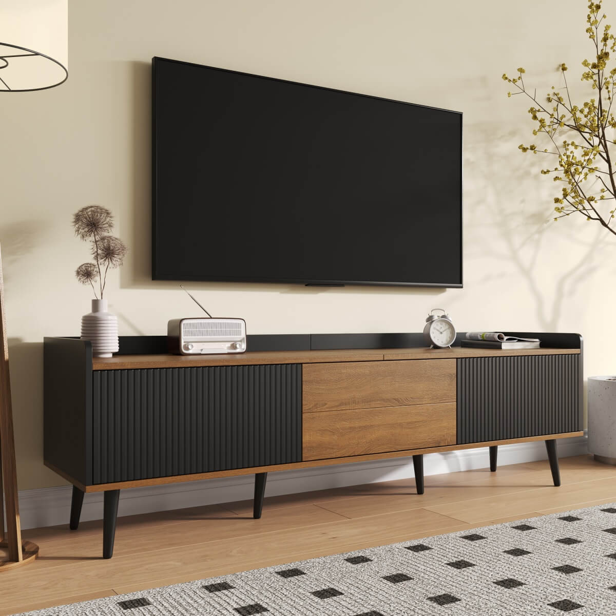 3-Door TV Cabinet – Black & Natural Wood Finish, Compact TV Stand for Living Room