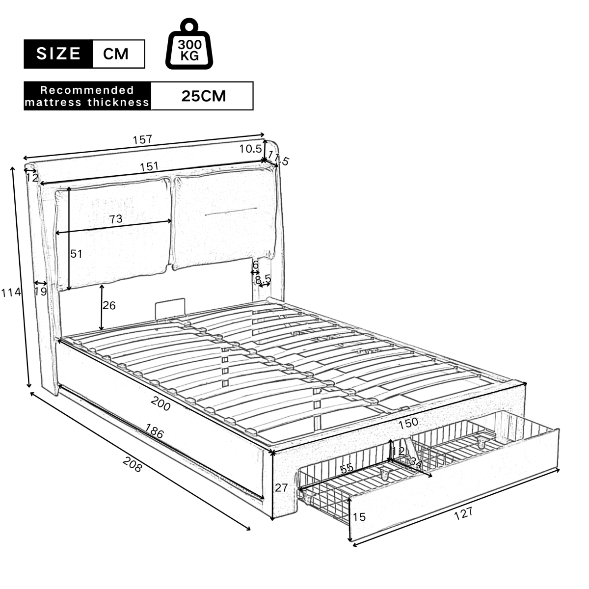 5ft King Size Upholstered Storage Bed – Velvet Hydraulic Bed with End Drawers, LED Light Strips
