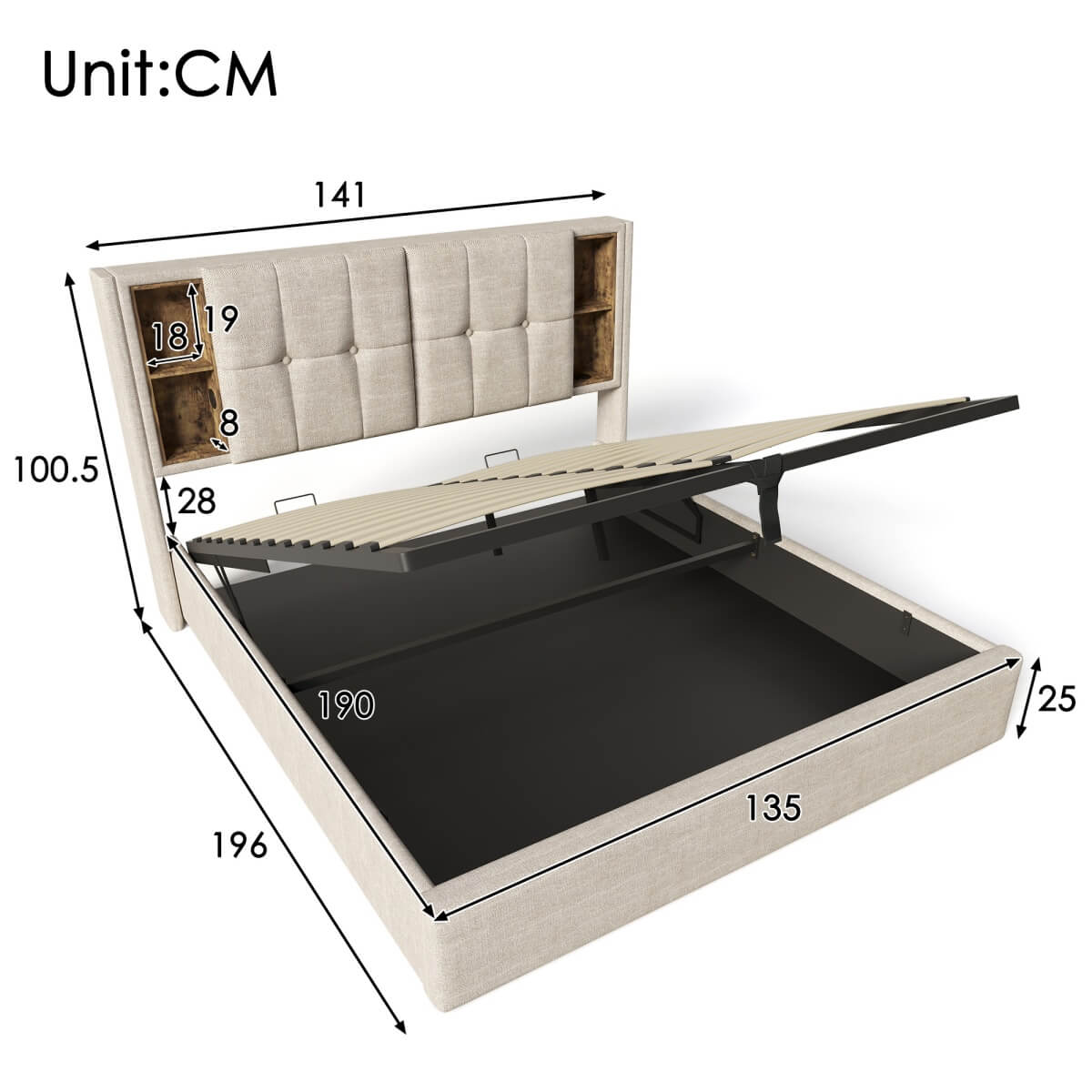 4ft6 Double Ottoman Bed Frame - Upholstered Storage Bed with Wireless Charging & USB C, Natural