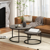 Industrial Nesting Coffee Table Set of 2, Round with Faux Marbled Top and Steel Frame