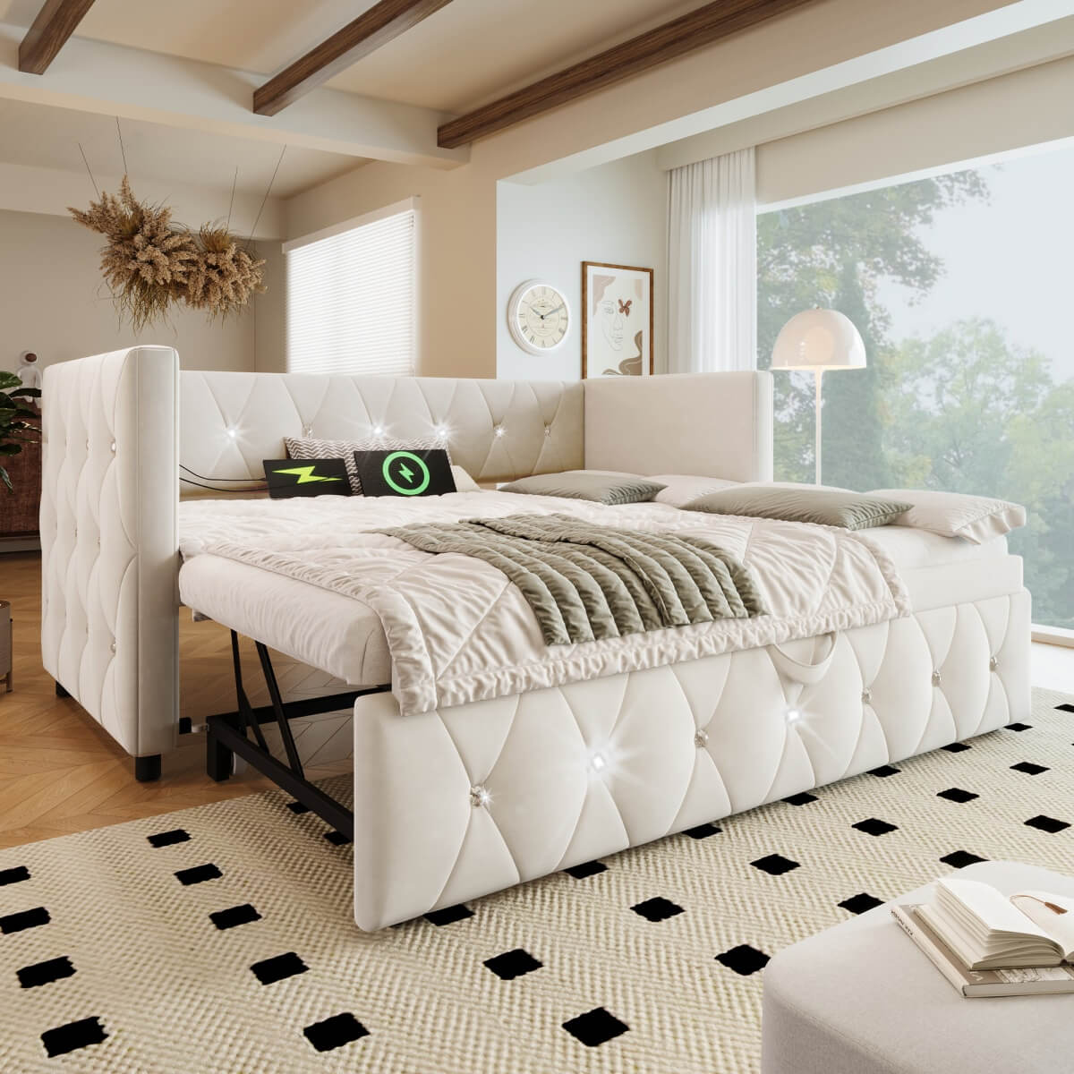 3ft Velvet Daybed with Trundle - Upholstered Sofa Bed with USB & Type-C Charging Ports, Beige