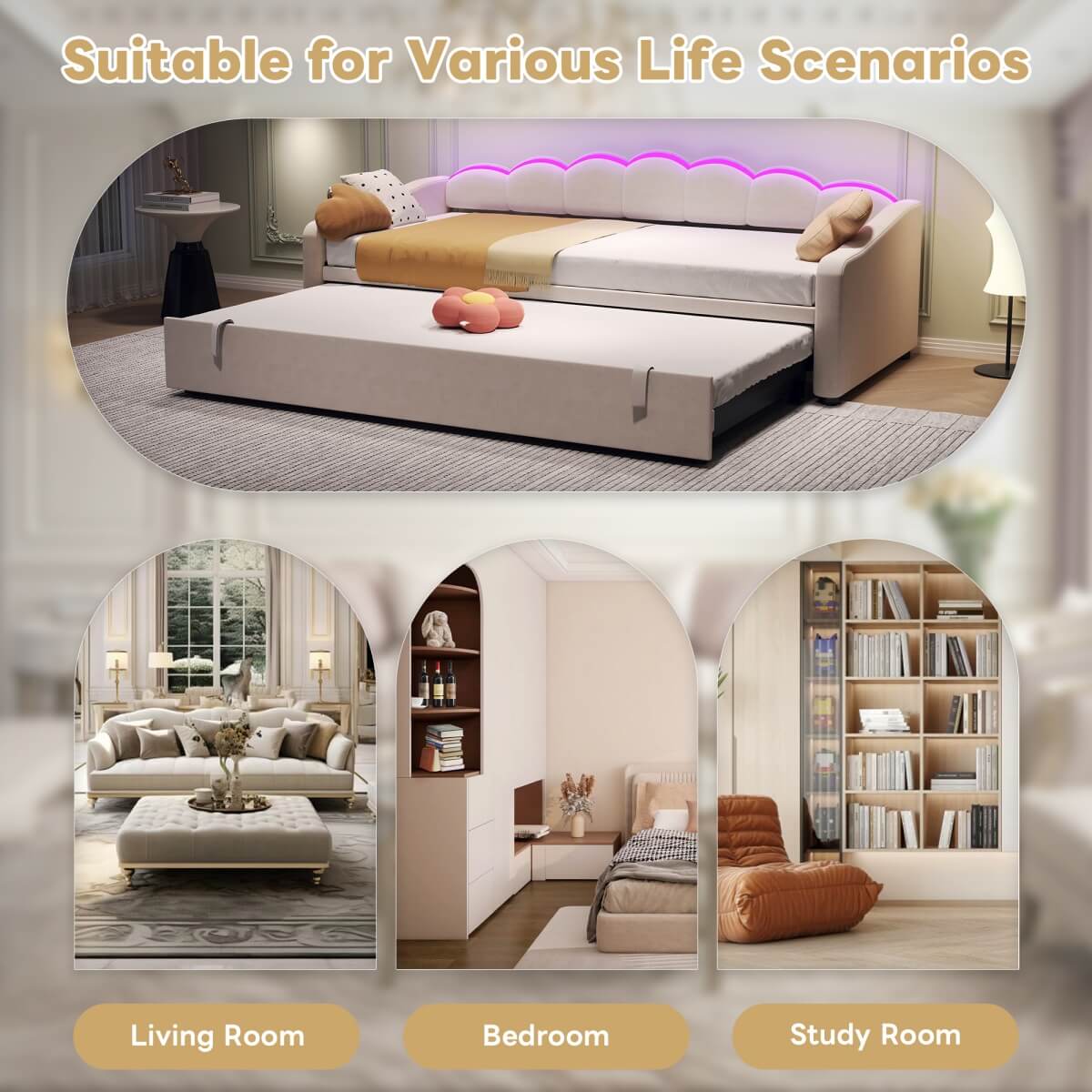 3ft Velvet Daybed with Trundle - Upholstered Sofa Bed with RGB LED Lights, Beige