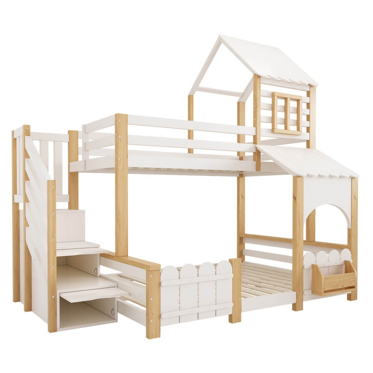 Single Over Double Triple Sleeper Bunk Bed with Storage Stairs - Kids House Bed with Roof and Safety Rails, White and Wood Effect, 90x190cm and 135x190cm