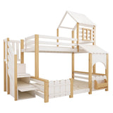 Single Over Double Triple Sleeper Bunk Bed with Storage Stairs - Kids House Bed with Roof and Safety Rails, White and Wood Effect, 90x190cm and 135x190cm