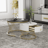 Nesting Coffee Table Set of 2 with Drawers - Marble Effect Tables with Gold Frame