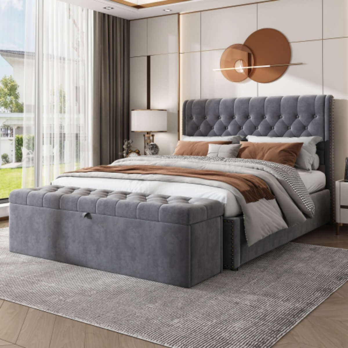 5ft King Size Velvet Ottoman Bed - Hydraulic Storage Bed with Rivet Detail, Grey
