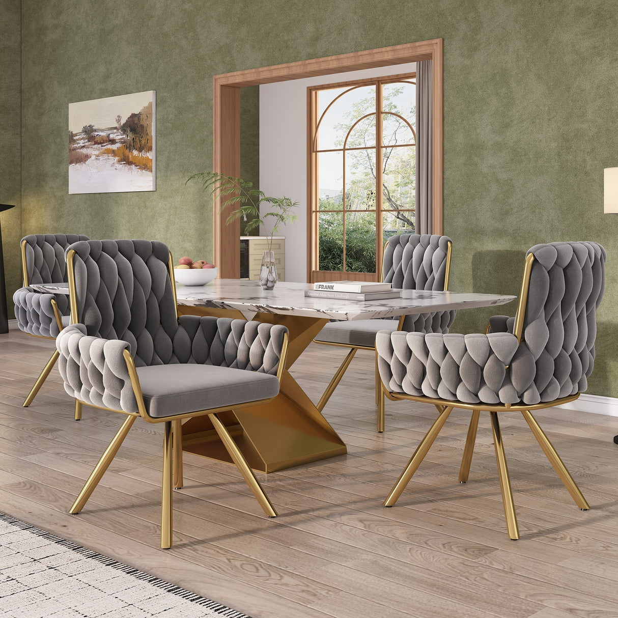 Set of 4 Velvet Dining Chairs, Armchair Swivel Chair with Metal Legs, Gray