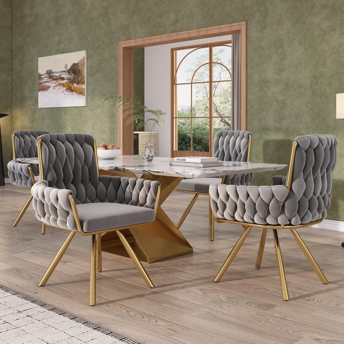 Set of 4 Velvet Swivel Dining Chairs - Luxury Armchairs with Metal Legs, Grey