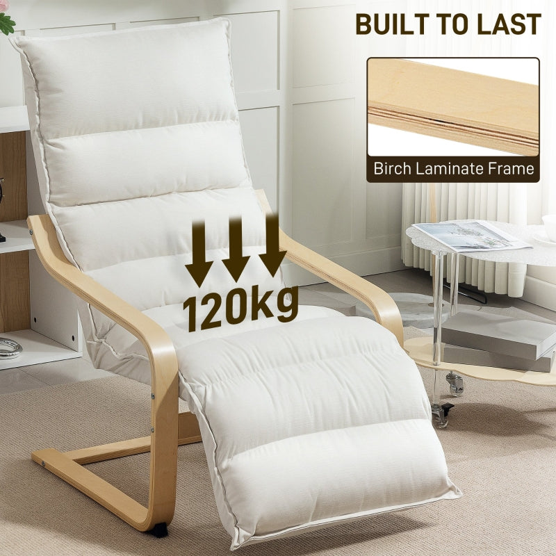 Curved Wooden Accent Chair with Adjustable Footrest, Cream White