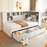 3ft Single Platform Bed with Trundle & Storage - Bed Frame with USB Charging and Bookcase