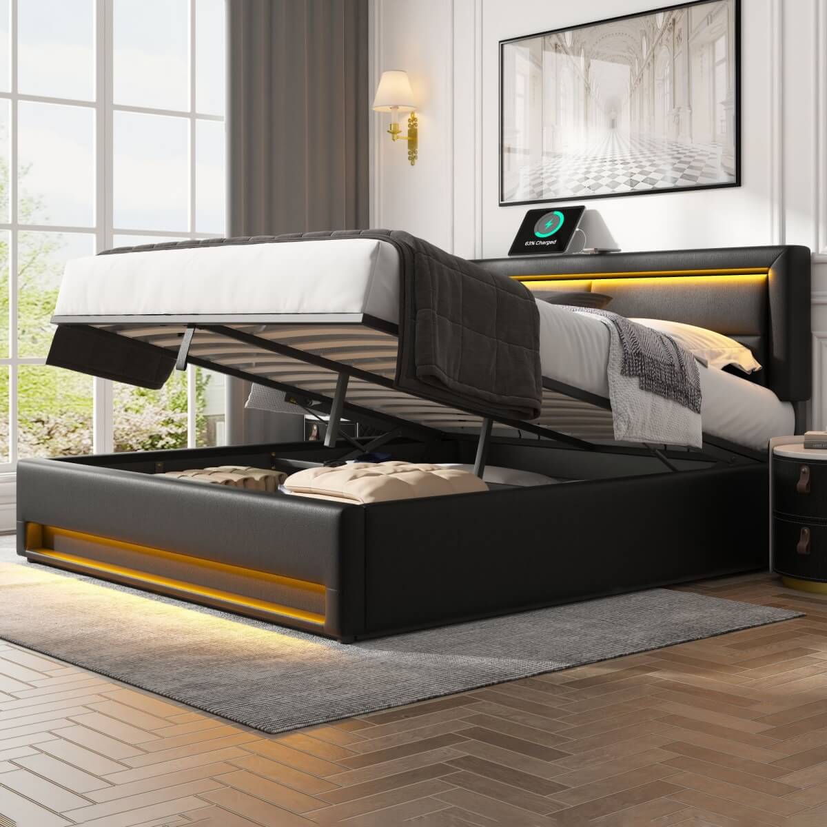 5ft King Size Upholstered LED Storage Bed - USB & Wireless Charging Bed Frame, Black