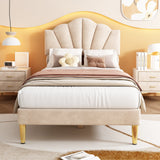 Velvet Upholstered Single Bed, 3ft Shell-Like with Golden Iron Legs and Wooden Slatted Frame, Beige