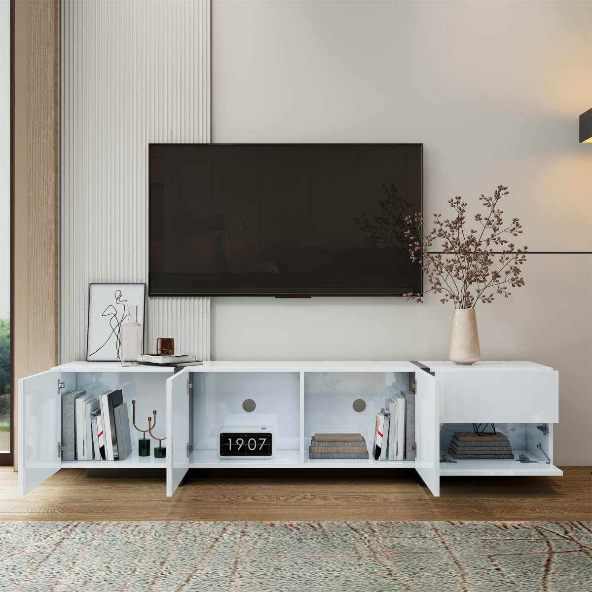 White High-Gloss TV Cabinet - Black Legs with Storage Doors & Drawers