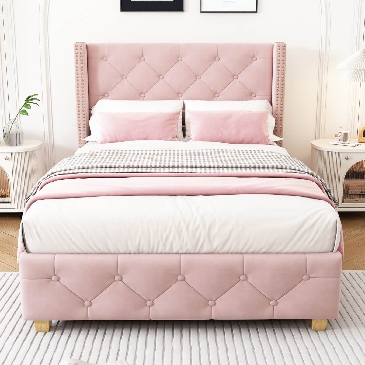 3ft Single Velvet Bed Frame - Upholstered Bed with Button & Stud Headboard, Wooden Legs, Pink