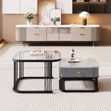 Nestable Coffee Table: High-Gloss Marble Exterior, Glass Tabletop, Black Table Legs, Side Table with Drawer (Set of 2)