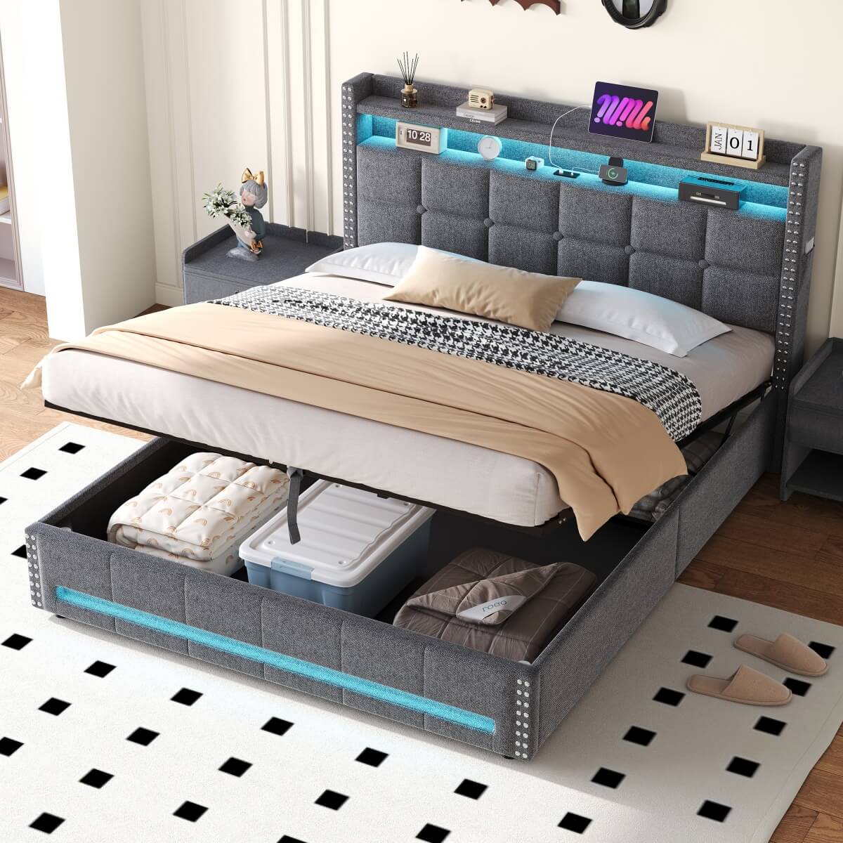 4ft6 Double Ottoman Bed Frame - LED Upholstered Storage Bed with USB & Type C Charging, Grey