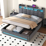 4ft6 Double Ottoman Bed Frame - LED Upholstered Storage Bed with USB & Type C Charging, Grey