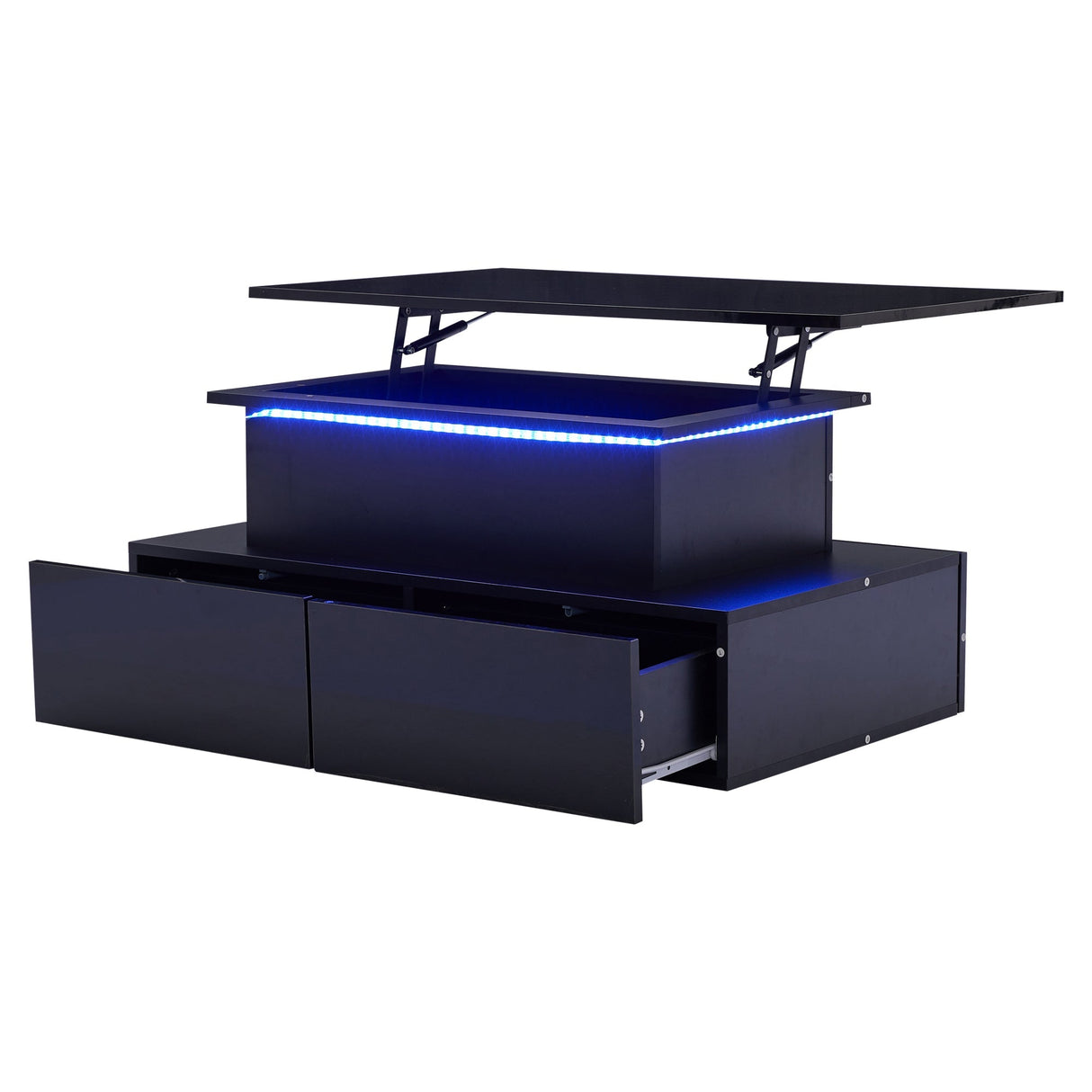 LED High Gloss Coffee Table, 4 Drawers, Lift Top, Storage, Rectangular, Black