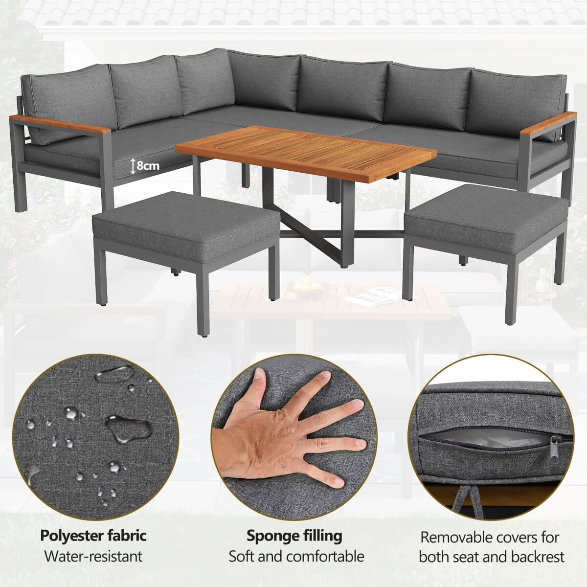 7-8 Seater Rattan Garden Furniture Set - L Shaped Corner Sofa with Coffee Table and Stools, Grey