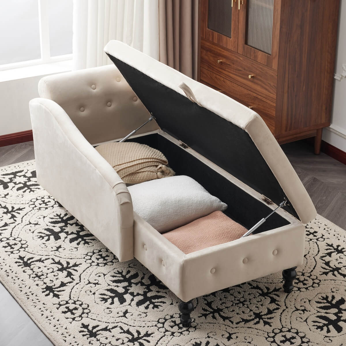 Velvet Chaise Lounge Sofa with Storage – Modern Upholstered Couch, Button-Tufted, Living Room