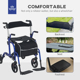 2 in 1 Wheelchair Transport Chair & Folding Rollator Walker with Seat, Backrest, Footrest, Lightweight, Adjustable Height, Pearl Blue